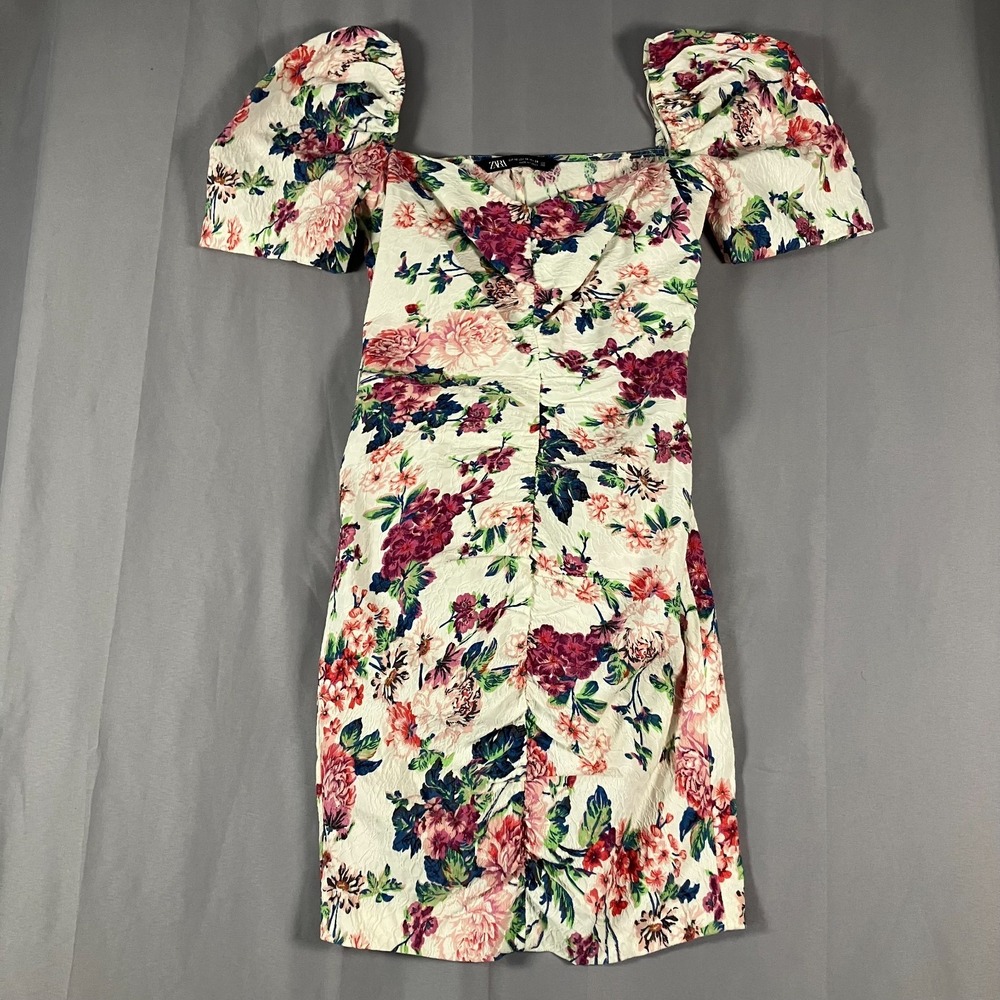 ZARA Women's Extra Small Floral Puff Sleeve Bodycon Dress Cream Pink